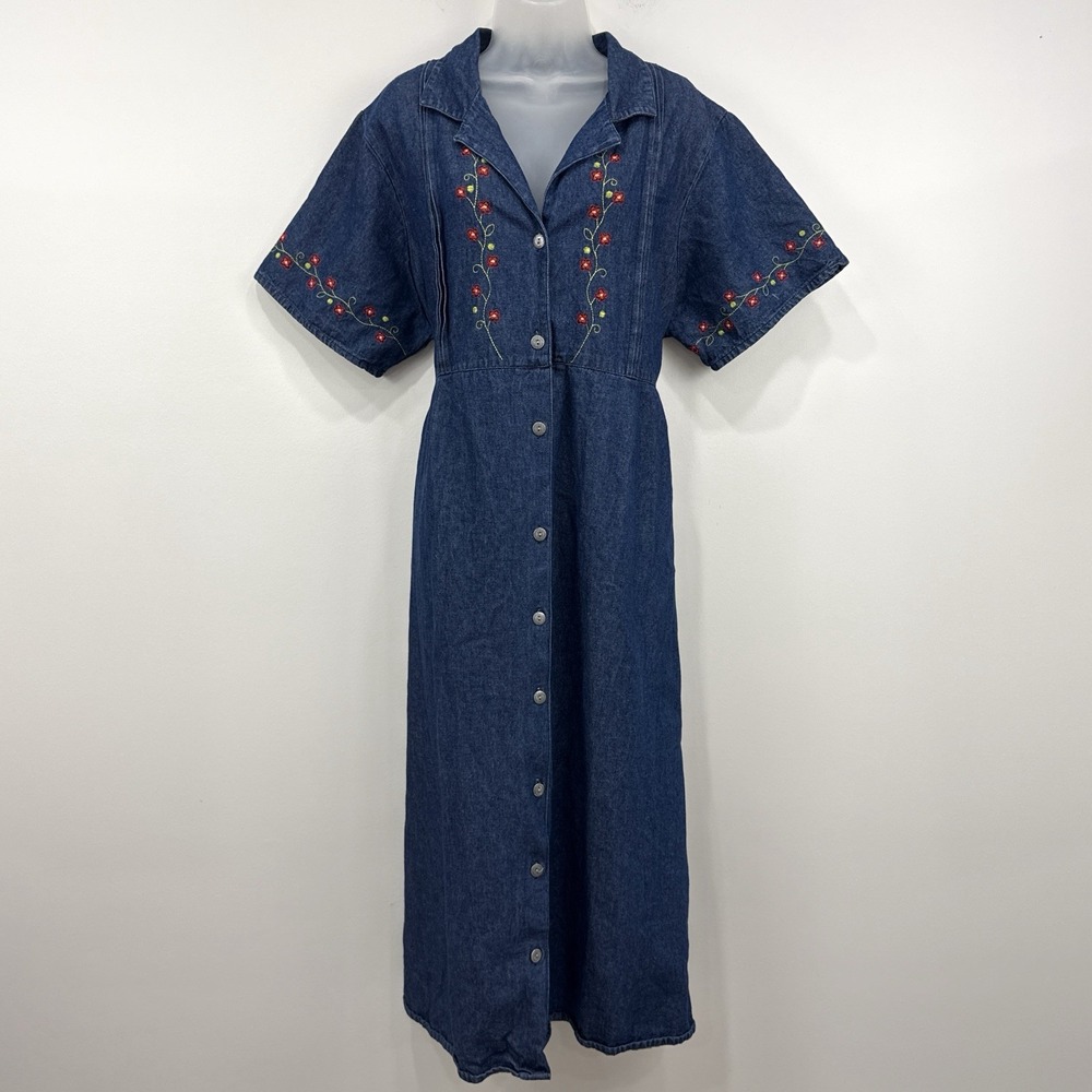 VTG Anna Maxwell Denim Dress Women's 1X Floral Cottagecore Country Maxi Modest